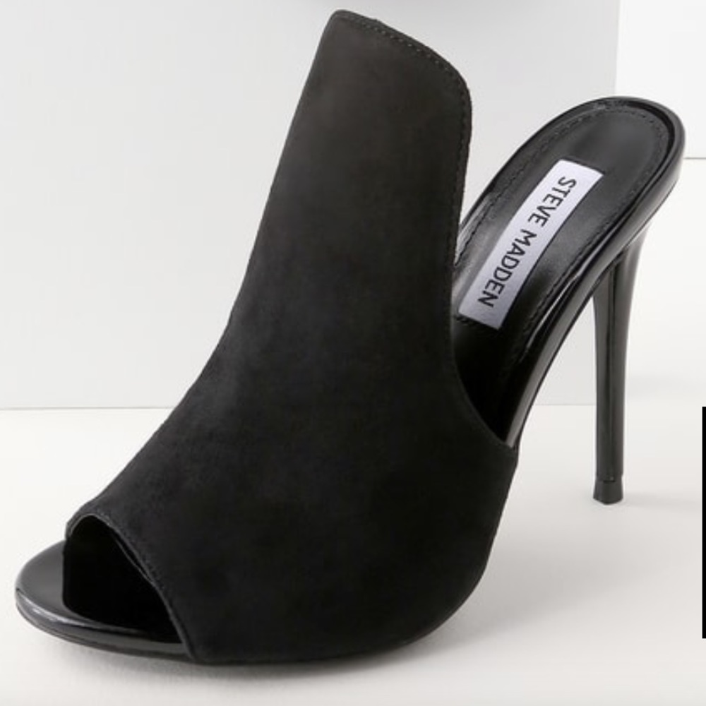 Sinful Suede Leather Peep-Toe Mule Stilettos